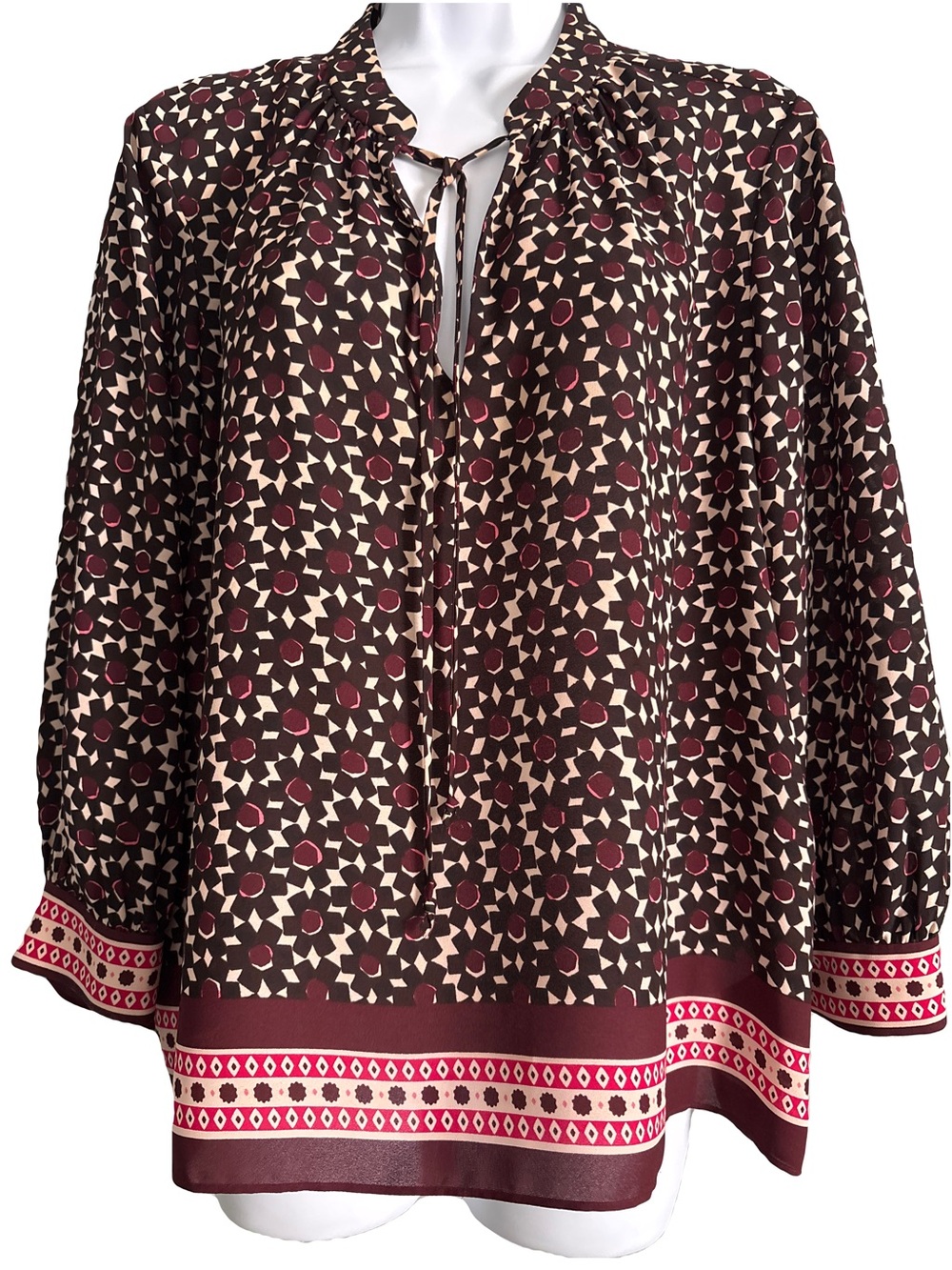 Kate Spade New York Live Colorfully Boho Blouse L Burgundy Pink Geometric Large